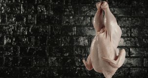 Raw chicken rotates and hangs on a rope. On a black background.