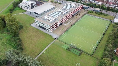 Dagenham UK, 6th Oct 2020: Aerial drone footage of the Dagenham Park Church of England School in East London showing the School building and playing fields from above 