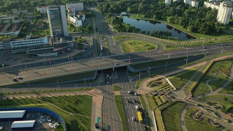 top view from the height of bird flight on Independence Avenue in Minsk.View of a road intersection in Minsk. Belarus.