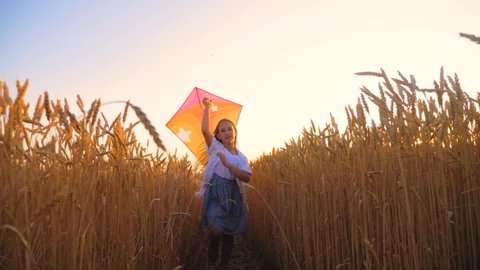 Pretty girl playing with kite in wheat field on summer day. Childhood, lifestyle concept.