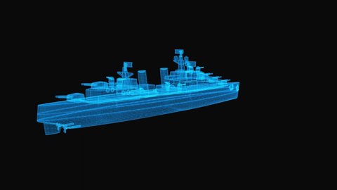 War ship wireframe scheme. 3d render with blue grid lines. Loop rotation on black background. 