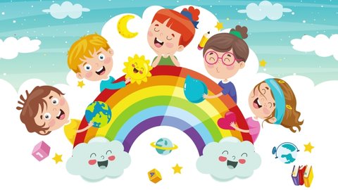 Funny Children Playing At Colorful Rainbow