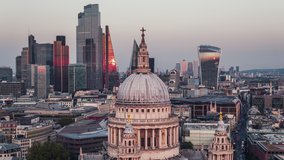 Establishing Aerial View Shot of London UK, St Paul's Cathedral  The City of London, amazing colors during sunset, United Kingdom