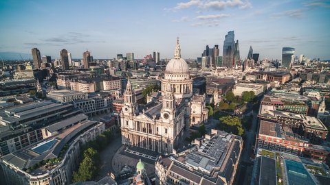 Establishing Aerial View Shot of London UK, St Paul's Cathedral & City of London, Square Mile, United Kingdom, sunny day