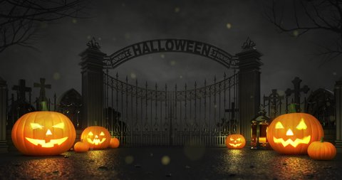 Cemetery entrance gate with scary and glowing halloween pumpkins at dark foggy night. Halloween holiday topic as seamless loop 4k video background.