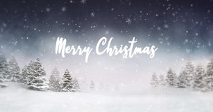 Snow covered calm winter landscape at snowfall with Merry Christmas text. Winter holiday scenery as looped 4k video background.