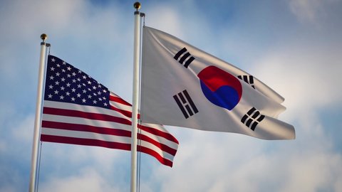 United states and south korea cooperation and friendship shown by flagpoles. America and Seoul military pact and cooperation.