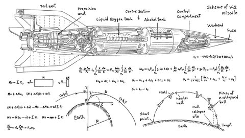 2D sketch of V-2 missile. Drawing, calculations, formulas drawn manually. Sectional drawing of a German V-2 rocket. Rocket of World War 2, 1944-45.