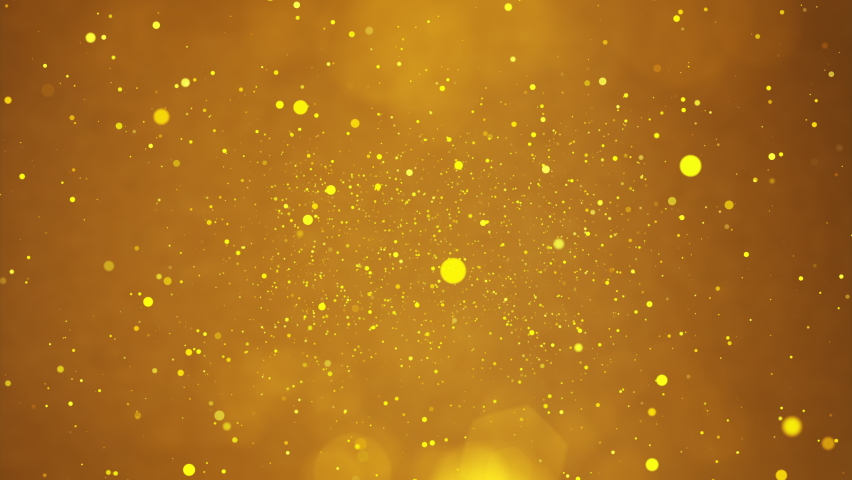 Golden particles shining stars dust bokeh glitter awards dust abstract background. Futuristic glittering in space on gold background.