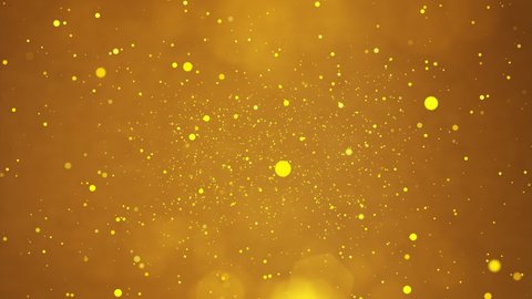 golden particles shining stars dust bokeh glitter awards dust abstract background. Futuristic glittering in space on gold background.