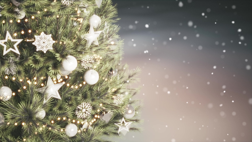 Slow motion christmas tree video. Christmas tree with decorations and falling snowflakes | Shutterstock HD Video #1060164932