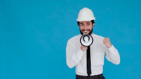 Senior engineer man, construction worker communicates shouting loud holding a megaphone, expressing success and positive concept, idea for marketing or sales isolated over blue background. - Powered by Shutterstock - Get 15% off with code: PIKWIZARD15