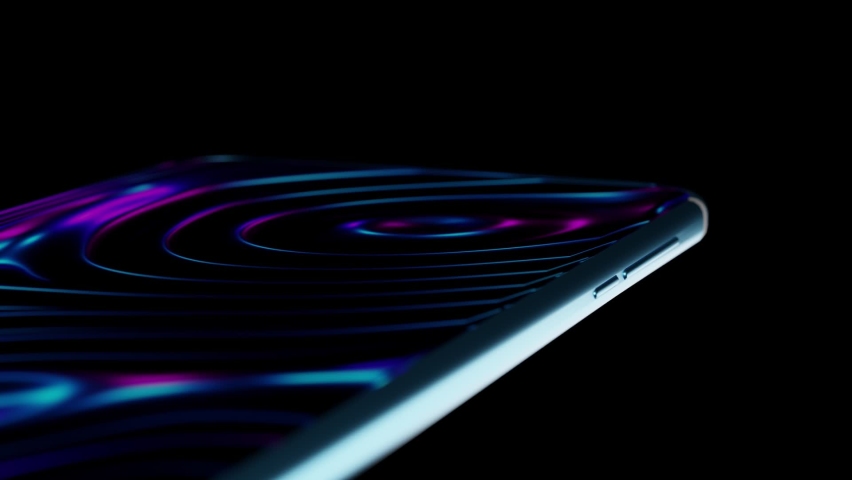 Realistic mockup of smartphone on black background. Cell phone with an abstract neon glowing moving image on display. Spectacular ad or presentation of premium product. 3D animation mobile device | Shutterstock HD Video #1060167026