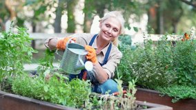 Happy mature woman gardener wearing apron and protective gloves watering flowers or plant and smiling, female farmer enjoying working at her garden - Powered by Shutterstock - Get 15% off with code: PIKWIZARD15