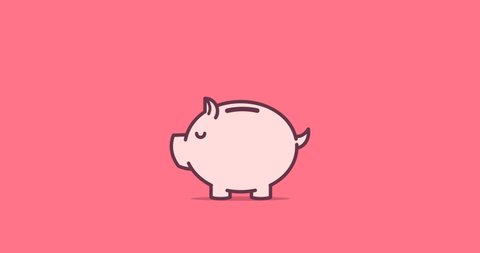 Piggy bank being filled with golden coins. Money saving, banking and investment concept. Simple animation.