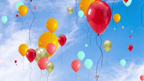 Animation of a group of multi-colored inflatable balloons against the blue sky. fly from bottom to top. Holiday concept. Birthday. Wedding. Fun, joy. resizes. are generated