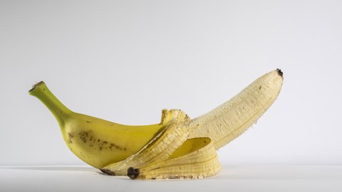 The banana comes to life and rises against a white background. Male Power Concept. Two weeks timelapse