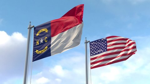 North Carolina State and USA Flags on a flagpole realistic wave on wind. The State of North Carolina in The United States of America. Raleigh. Luma Mattes for background cutting