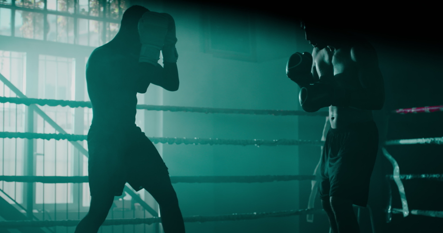 Cinematic slow motion shot of two professional young muscular shirtless male boxers are fighting  in a boxing ring. Royalty-Free Stock Footage #1060182521