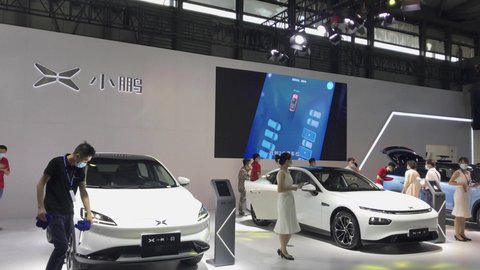 Shanghai, China - Sep 30, 2020: Xpeng booth showroom in Pudong International Auto Exhibition. Xpeng or Xiaopeng Motors, also known as XMotors.ai, is a Chinese electric vehicle manufacturer