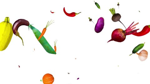 Animation of many falling different ripe, juicy vegetables on a white background. falling from top to bottom rotate and change size. Concept of harvest, diet, healthy eating, vegetarian. 2D design