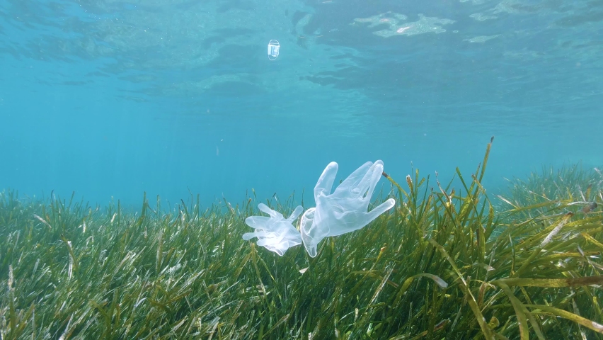 Plastic waste pollution underwater in the sea, disposable gloves falling on seagrass Posidonia oceanica, coronavirus COVID-19 pandemic, Mediterranean sea, France Royalty-Free Stock Footage #1060196009