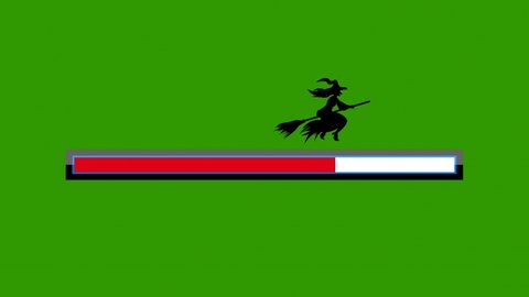 Loading bar with flying witch on green screen background. Witch flying on red loading bar. Witch loading. Unique loading