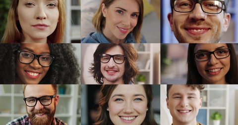 Collage of many diverse multi-ethnic people in good mood indoor. Beautiful young women smiling to camera. Handsome joyful males in glasses with smiles on faces. Close up. People diversity concept
