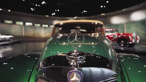 Stuttgart / Germany - 01 19 2020: Green Mercedes classic car in Mercedes Benz Museum showroom. Stuttgart, Germany