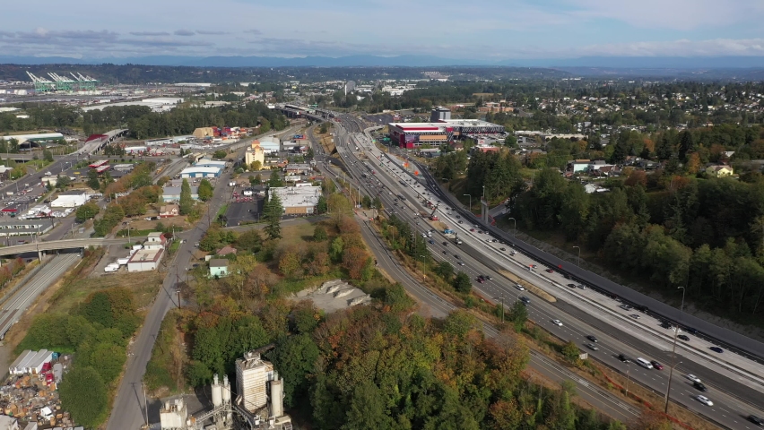 Aerial / drone footage of the Emerald Queen Casino in Tacoma, by Puget Sound, a large city near Seattle in Western Washington, Pacific Northwest, an administrative and economic center of Pierce County