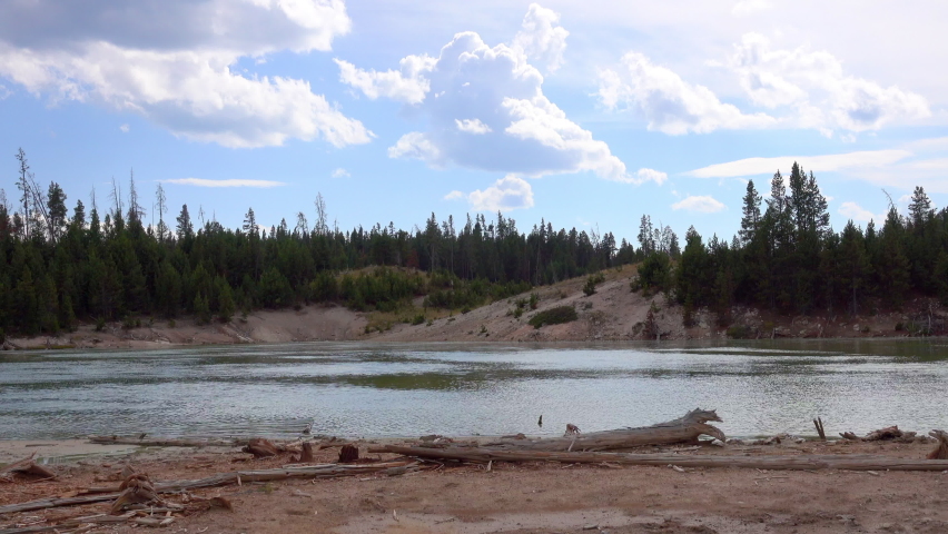 A high altitude pond surrounded by trees and driftwood in Yellowstone National Park. A blue sky with dramatic clouds is in the background.