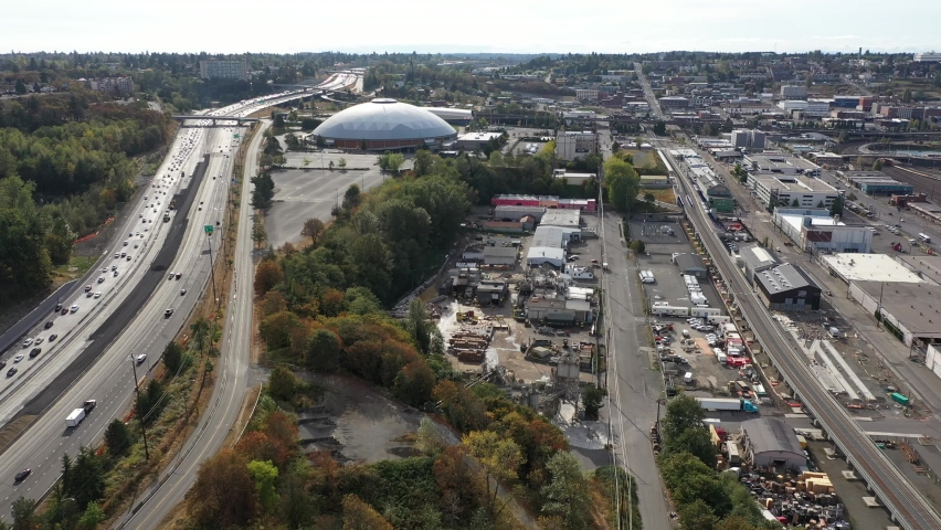Drone footage of the Tacoma Dome, near Puget Sound, a large city near Seattle in Western Washington, Pacific Northwest, an administrative and economic center of Pierce County