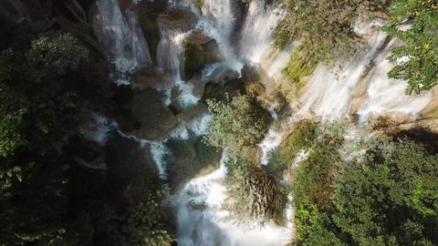 Gorgeous Kuang Si Falls, Laos, Top Down Aerial View of Waterfall Near Luang Prabang