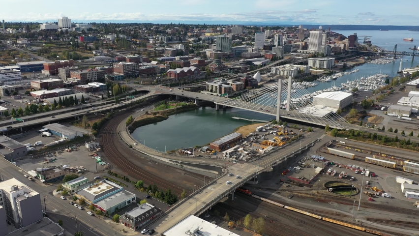 Birdseye footage of downtown Tacoma, waterfront by Puget Sound, a large city near Seattle in Western Washington, Pacific Northwest, an administrative and economic center of Pierce County