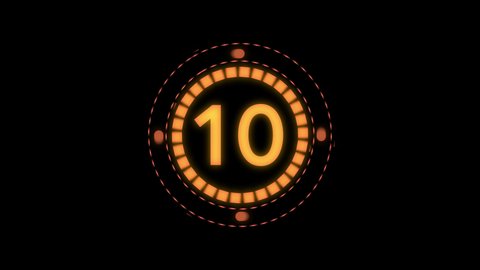 Ten to one digital futuristic countdown timer with colorful orange rotating circle graphic on easy-to-use transparent background