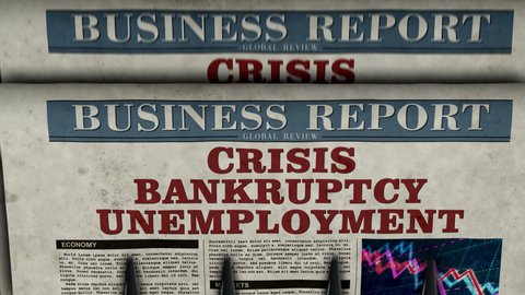 Crisis, bankruptcy and unemployment business news. Newspapers with market crash printing and disseminating animation. Economic collapse report retro media press production abstract concept.