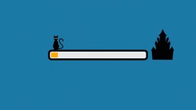 Loading bar with animated cat and haunted castle at the right side on blue background. Silhouette cat on the yellow loading bar. Unique loading