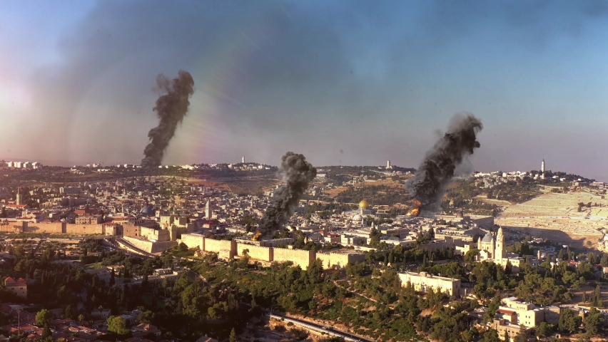 Jerusalem in War with smoke and jet- aerial view
Live drone Action footage with visual effect elements,old city, east Jerusalem- 4K 
