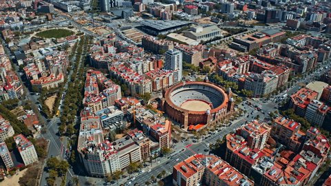 Aerial view of Eixample district and La Monumental, bullfighting arena of Barcelona