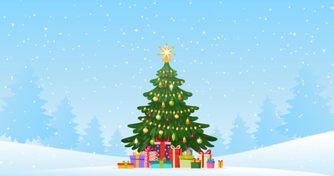 Merry christmas and happy new year. Cartoon 2D animation, motion design. Decorated Christmas tree with gifts in the forest, falling snow. Background with place for text, copy space
