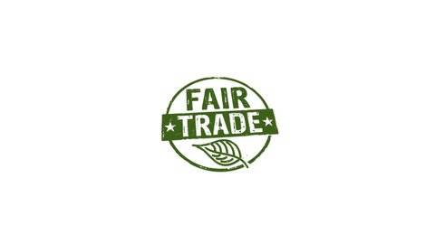 Fair Trade stamp and hand stamping impact isolated animation. Ethical business, green trade, sustainable economy and environmental care 3D rendered concept. Alpha matte.