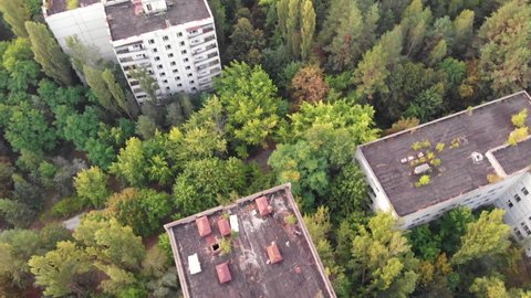 Aerial view of USSR city of Pripyat near the Chernobyl nuclear power plant in Chernobyl exclusion zone. Ukraine. Ghost city after disaster