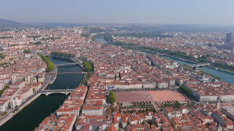 Lyon: Aerial view of historic city with famous square Place Bellecour - landscape panorama of France from above, Europe