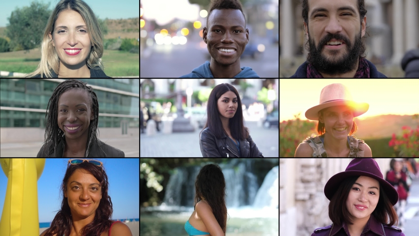 Young people of different ethnicities smiling at the camera - multiscreen | Shutterstock HD Video #1060224329