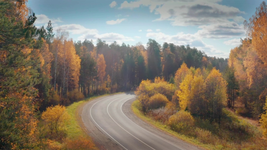 Cars travelling on remote curvy highway road in beautiful yellow autumn forest landscape, aerial view, camera ascending up high. 4K UHD. Royalty-Free Stock Footage #1060228148