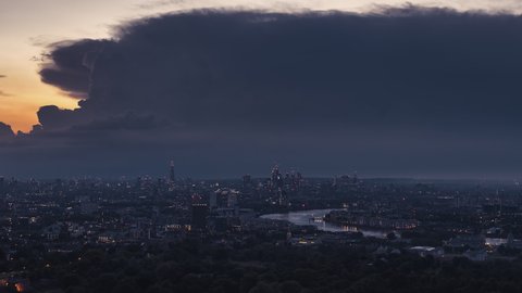 Aerial View of London, Epic Powerful Thunderstorm over London Skyline, United Kingdom