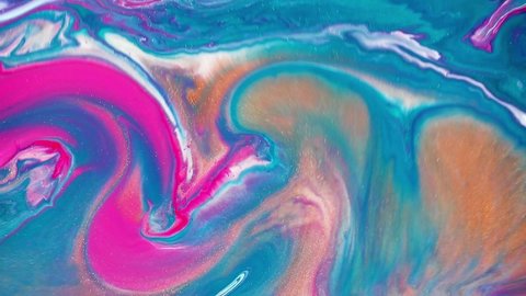Fluid art painting video, modern acryl texture with flowing effect. Liquid paint mixing backdrop with splash and swirl. Detailed background motion with golden, pink and aquamarine overflowing colors.