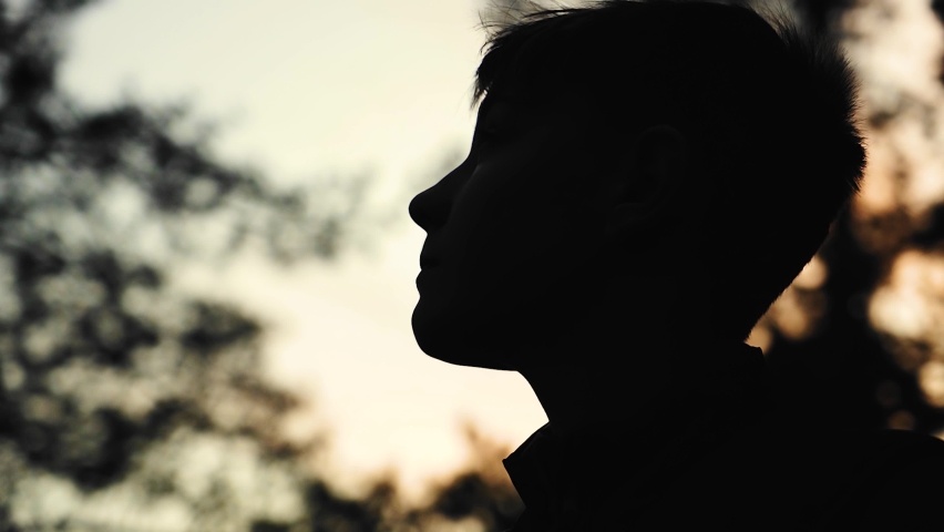 Handsome silhouette of a boy looking at the evening sky. Cool shooting at sunset Royalty-Free Stock Footage #1060233158