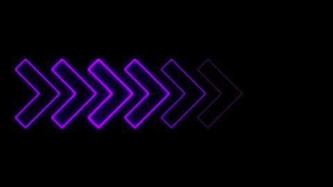 Video footage of glowing right neon arrows. Looped Neon Lines abstract VJ background. Futuristic laser background. Seamless loop. Arrows flashing on and off in sequence. 