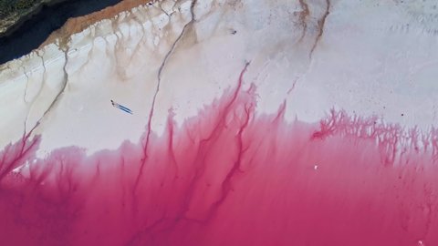scenery drone flight over pink lake shore with wide dry salt coast and two people with long shadows walking along water. amazing aerial landscape nature beauty